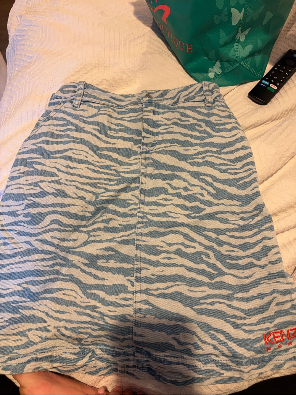 Kenzo Light Blue and White Zebra Print Cotton Skirt